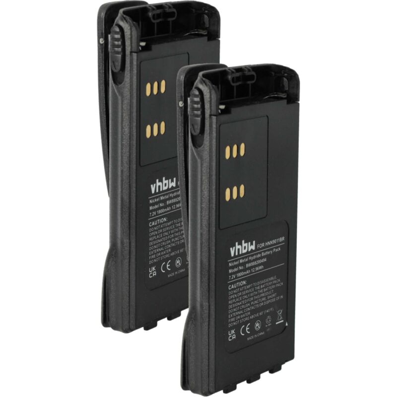 Vhbw - 2x Battery compatible with Motorola GP280, GP240, ATS2500, GP1280, GP140 Radio, Walkie-Talkie (1800 mAh, 7.2 v, NiMH) + Belt Clip