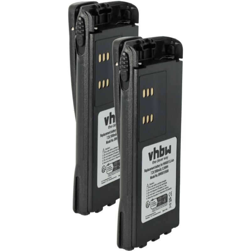 Vhbw - 2x Battery compatible with Motorola HT1250.LS, HT1250, HT1250.LS+ Radio, Walkie-Talkie (1800 mAh, 7,2 v, Li-Ion) + Belt Clip