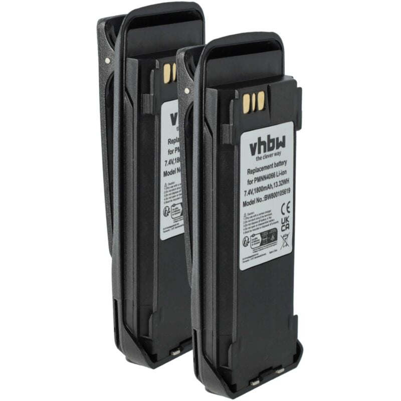 Vhbw - 2x Battery compatible with Motorola mototrbo DGP6150, DGP4150+, DGP4150 Radio, Walkie-Talkie (1800 mAh, 7.4 v, Li-Ion) + Belt Clip