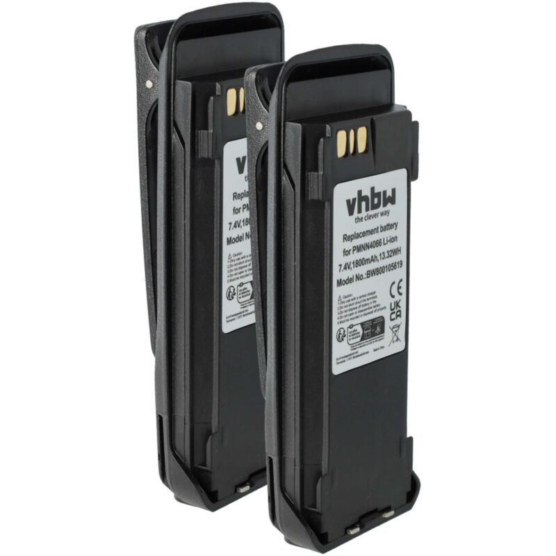 Vhbw - 2x Battery compatible with Motorola mototrbo XiR 8200, XiR 8260, XiR 8268 Radio, Walkie-Talkie (1800 mAh, 7.4 v, Li-Ion) + Belt Clip