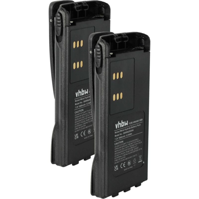 Vhbw - 2x Battery compatible with Motorola PRO7750, PRO9150, PRO7150, PRO7350 Radio, Walkie-Talkie (1800 mAh, 7.2 v, NiMH) + Belt Clip