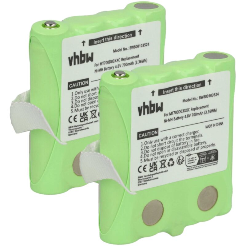 Vhbw - 2x Battery compatible with Oricom PMR1000 Radio, Walkie-Talkie (700 mAh, 4.8 v, NiMH) - Replacement for PX-175-675, PX-1754-919, PX-1755,