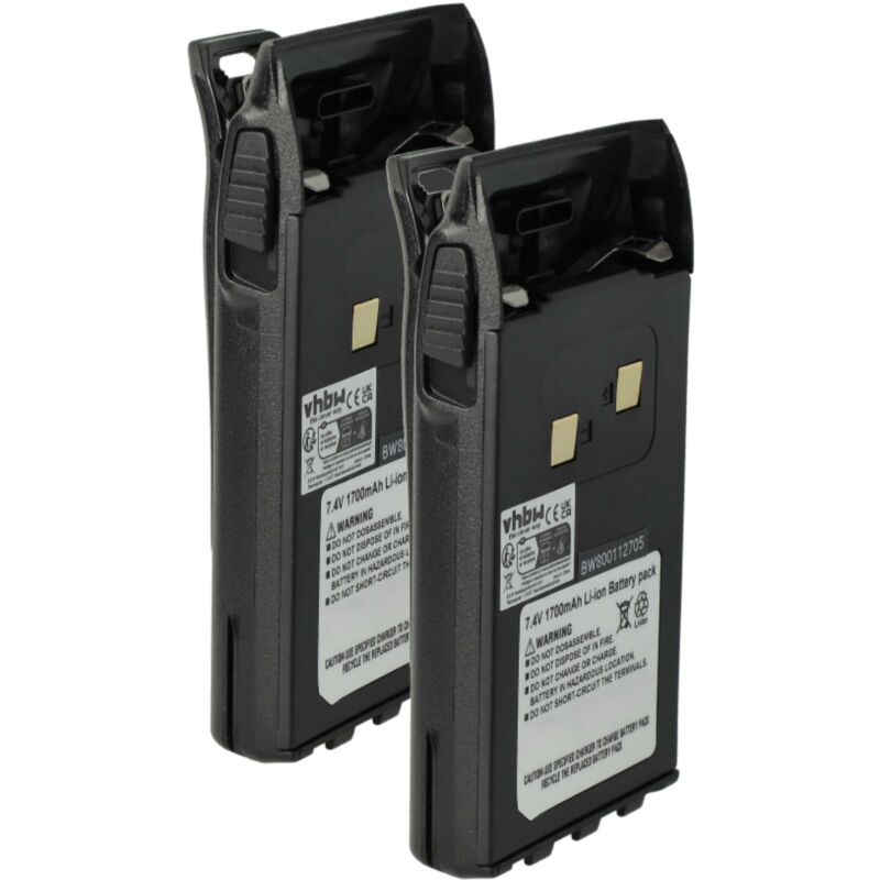 Vhbw - 2x Battery compatible with Wouxun KF-679, KG-659E, KG-659, KG-669, DB48 Radio, Walkie-Talkie (1700 mAh, 7.4 v, Li-Ion) + Belt Clip