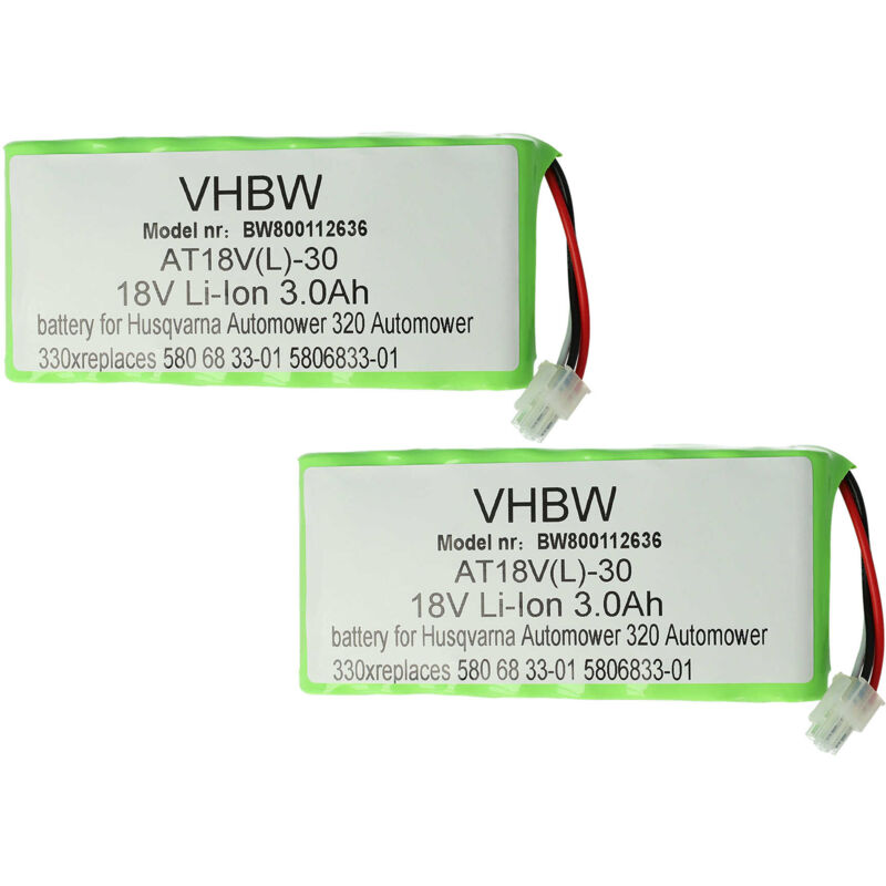 vhbw 2x Li-Ion batterie 3000mAh (18V) pour tondeuse à gazon robot comme Husqvarna 580 68 33-01, 580 68 33-02, 580 68 33-03, 588 14 64-01, 588 14 64-02