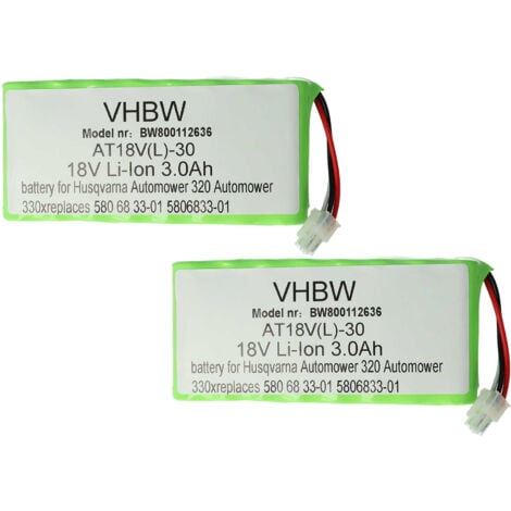 vhbw 2x Li-Ion batterie 3000mAh (18V) pour tondeuse à gazon robot Husqvarna Automower 320, 330X, 330x (il en faut 2 batteries), 420, 430, 430X