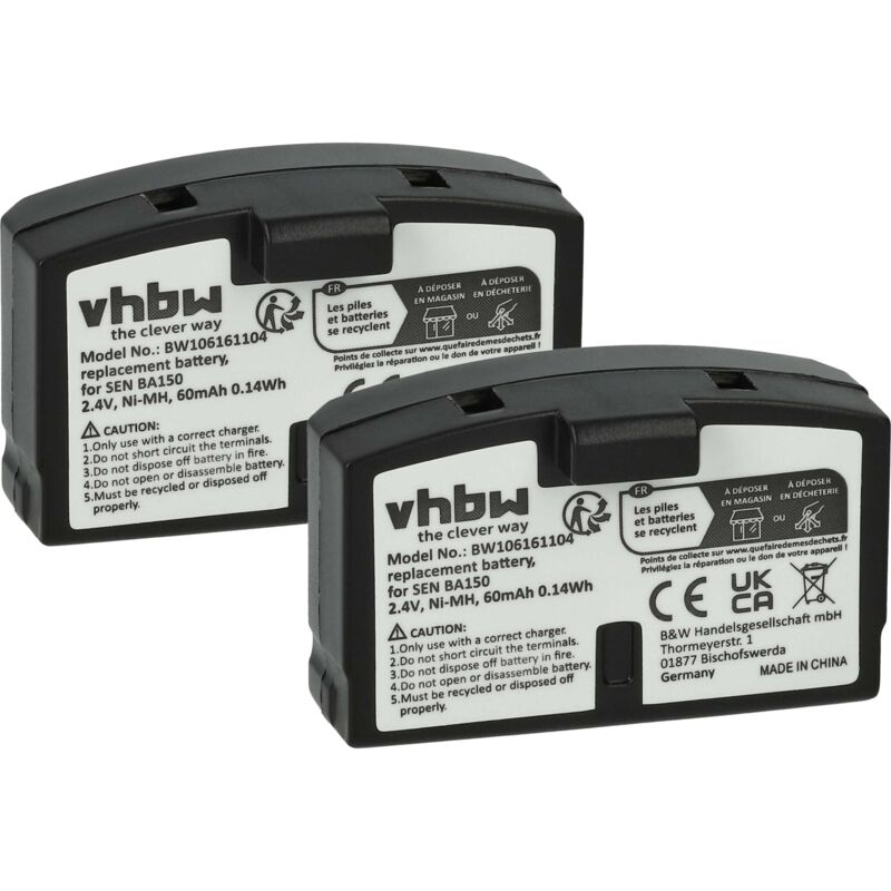 

2x Ni-MH batería 60mAh (2.4V) para auriculares Sennheiser set 810, set 810 S, set 820, 820 S, HDI 302 por BA-150, BA150, BA-151, BA151. - Vhbw