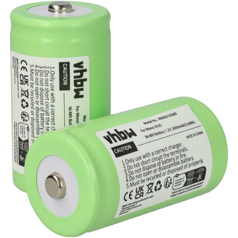 

2x batería NiMH 3000mAh (1,2V) compatible con PerfectPro, Fatbox reemplaza Mono D, HR20, KR20, LR20 - Vhbw
