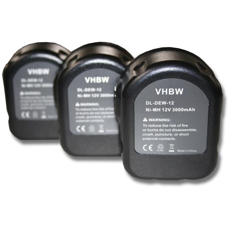 

vhbw 3x batería Ni-MH 3000mAh (12V) para herramienta Dewalt 2802K, 2812B, 2812K, 2832K, 2852B, 2861K-2 y Black & Decker A9252 England SL1 3YD.