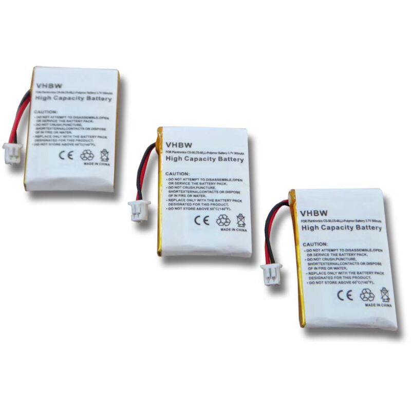 

3x Batería recargable compatible con Plantronics CS510A, PL-64399-01, SC60, W720 auriculares inalámbricos, cascos (300 mAh, 3,7 V) - Vhbw