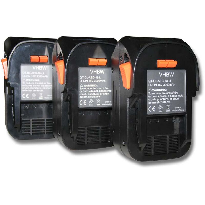 vhbw 3x Batteries compatible avec AEG BUS 18, BUS 18 X, BSB 18 STX, BSB 18 LI, BST 18X, BSS 18C outil électrique (3000 mAh, Li-ion, 18 V)