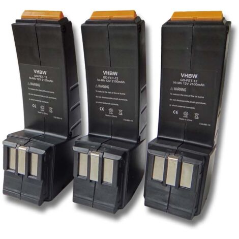 vhbw 3x Batterie compatible avec Festo / Festool CDD12FX, CDD12ESC, CDD12ES, CDD12MH outil électrique (2100 mAh, NiMH, 12 V)