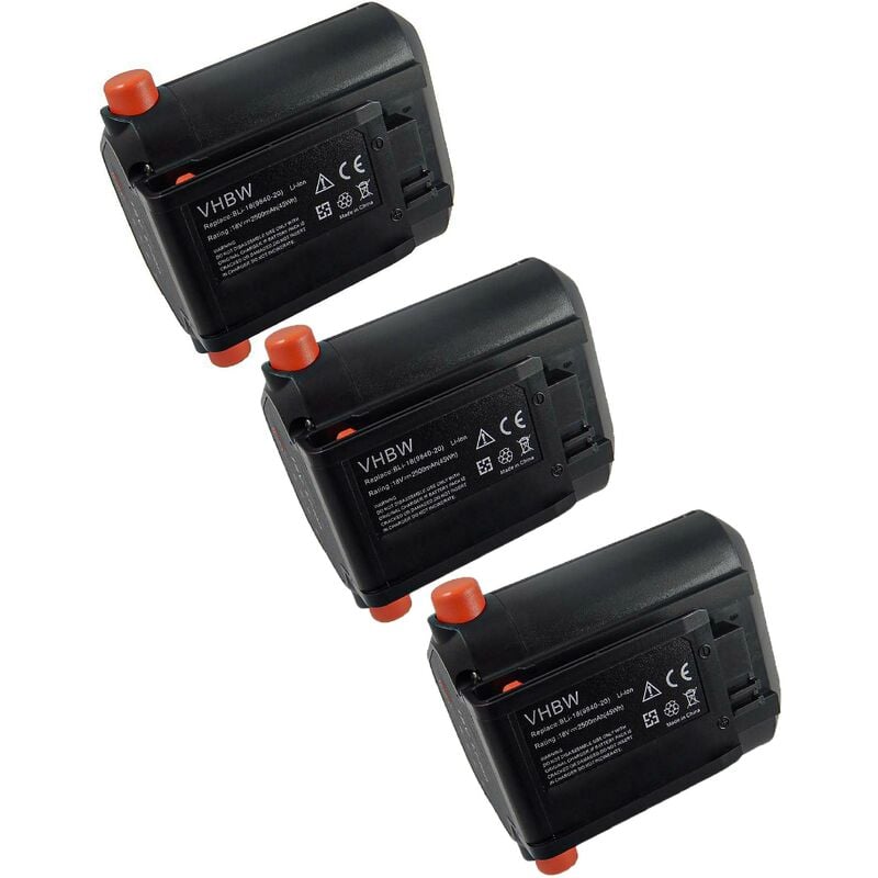 vhbw 3x Batteries compatible avec Gardena EasyCut Li-18/23 R (9823-20), EasyCut Li-18/50 (8877-20) (2500mAh, 18V, Li-ion)