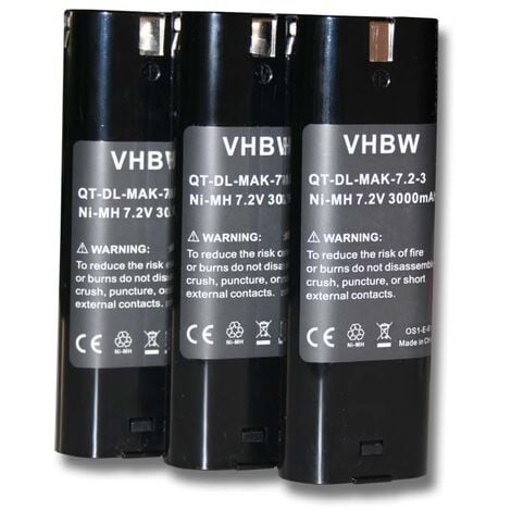 vhbw 3x Batteries compatible avec Makita ML700 Flashlight, ML701, ML702, UH1070DW, UH3000D, UH3000DW outil électrique (3000 mAh, NiMH, 7,2 V)