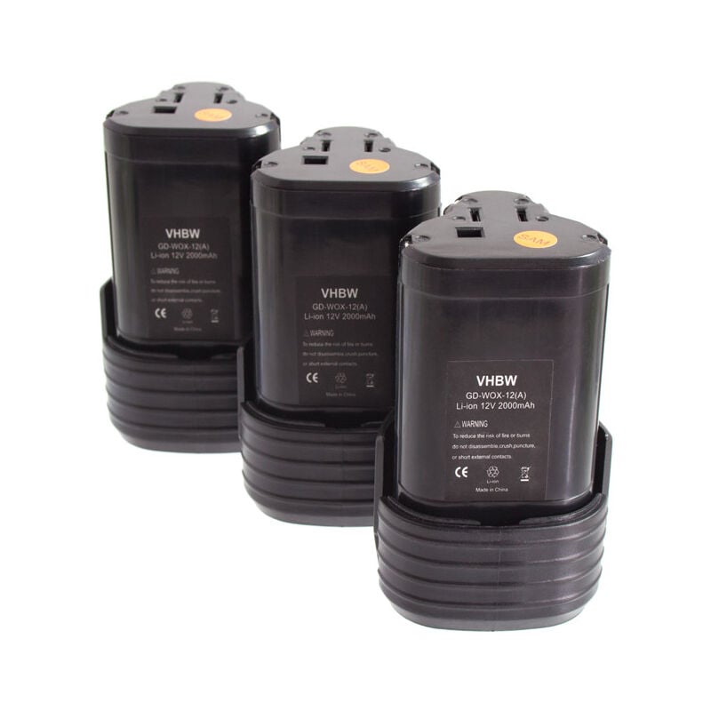 vhbw 3x Battery compatible with Worx WU127, W125.5, W125.3, W125.4, WX125, W125.1, W125.M, WU025 Lampe Power Tools (2000 mAh, Li-Ion, 12 V)