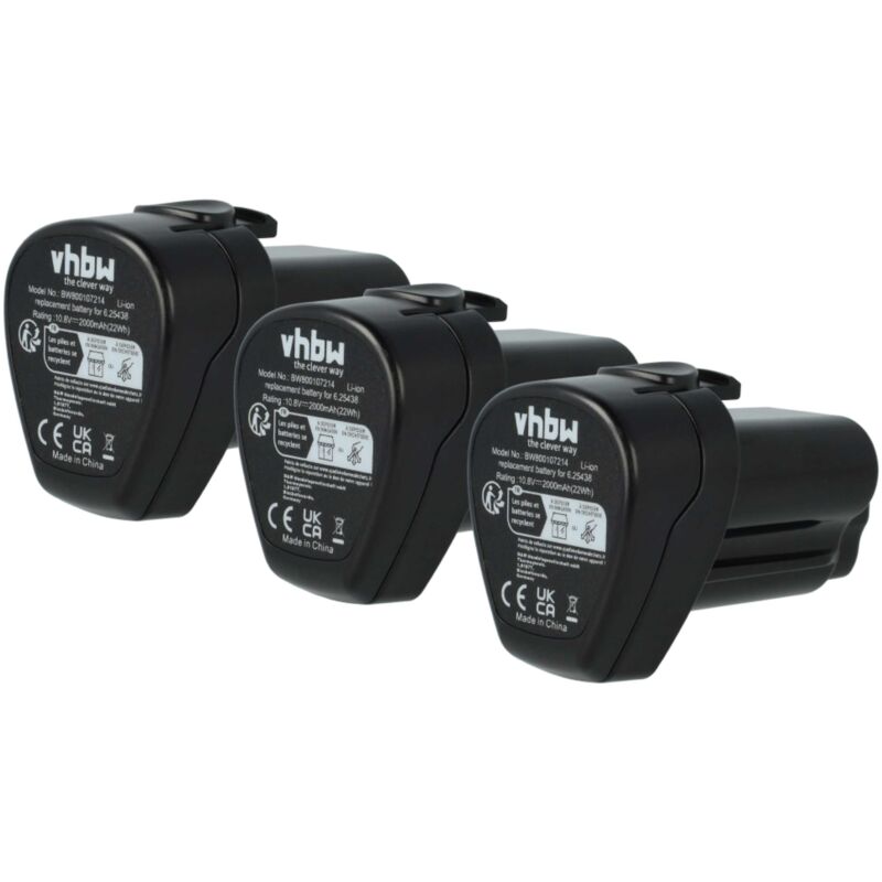 

vhbw 3x Li-Ion batería 2000mAh (10.8V) para herramientas Metabo Powermaxx BS Quick, ASE, SSD, RC por Metabo 6.25438, 6.254.38, 625438, 6.25439.