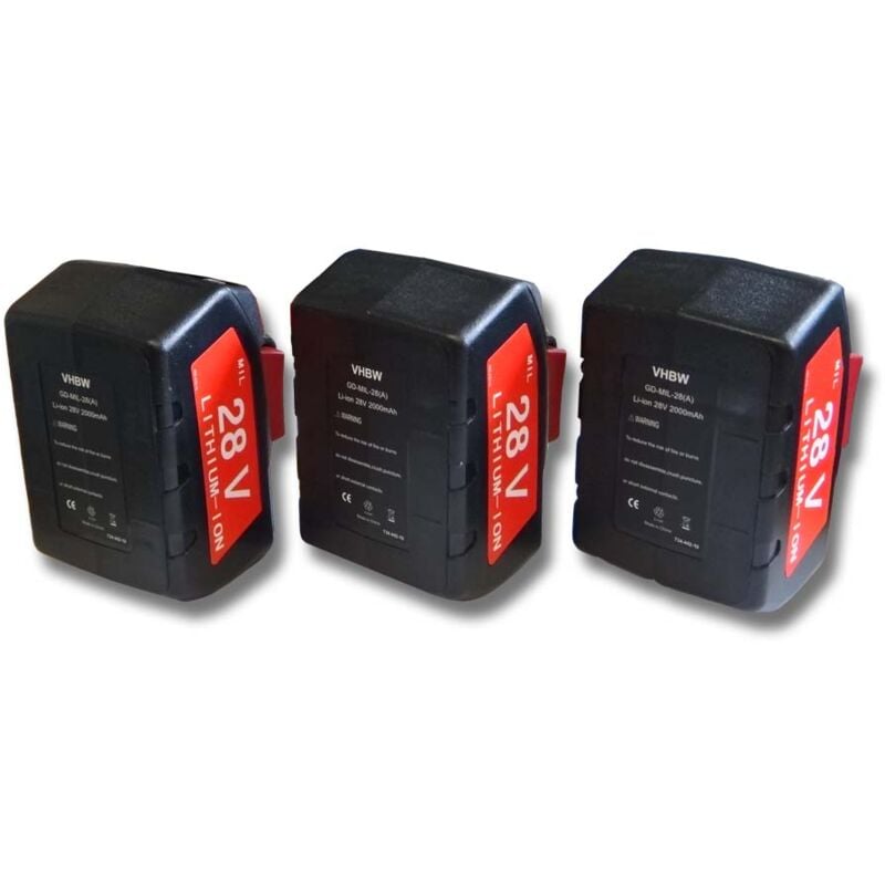 

3x Batería recargable compatible con Milwaukee HD28 AG 125, HD28 CS, HD28 H, HD28 HX, HD28 IW herramientas eléctricas (2000 mAh, Li-Ion, 28 V) - Vhbw