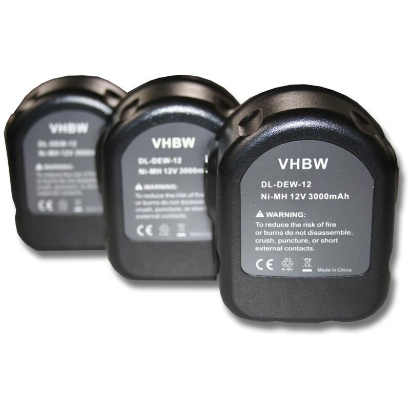 Image of vhbw 3x Ni-MH Batteria 3000mAh (12V) compatibile con apparecchi Dewalt 2802K, 2812B, 2812K, 2832K, 2852B, 2861K-2 sostituisce Black & Decker A9252