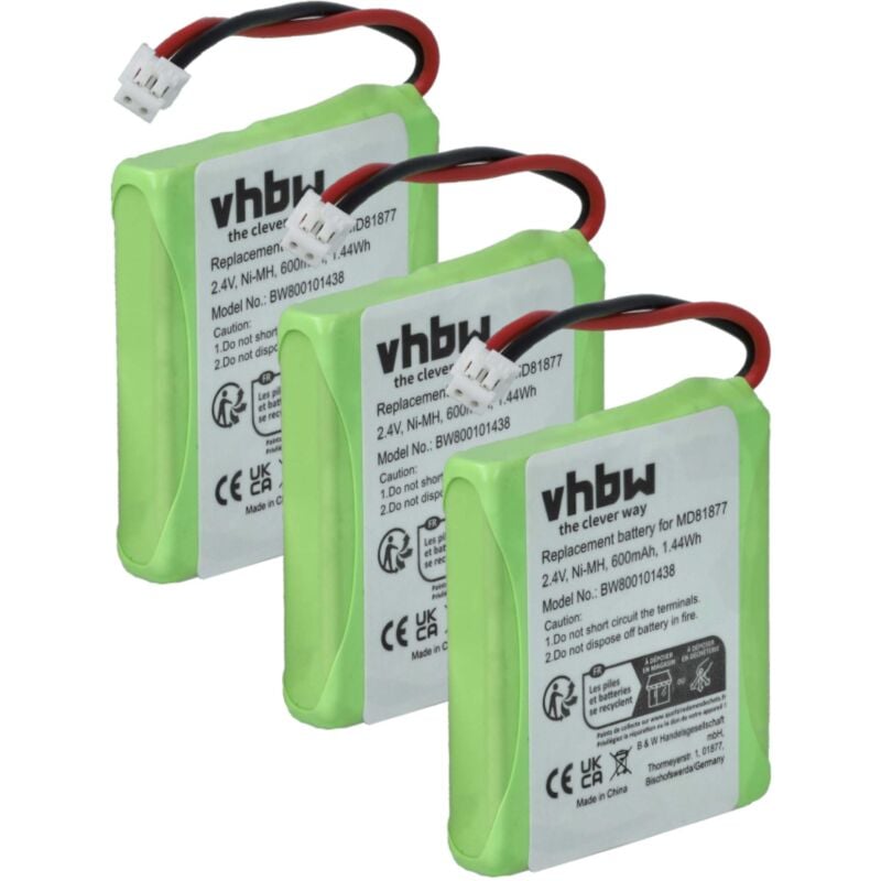 Image of Vhbw - 3x Akku kompatibel mit Medion Life S63088 schnurlos Festnetz Telefon (600 mAh, 2,4 v, NiMH)