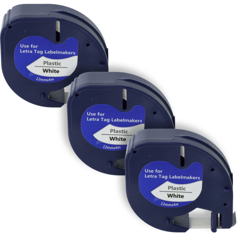 Vhbw - 3x Schriftband-Kassette kompatibel mit Dymo LetraTag Plus LT-100H, LT-100T, xm, 2000 Etiketten-Drucker 12mm Schwarz auf Weiß