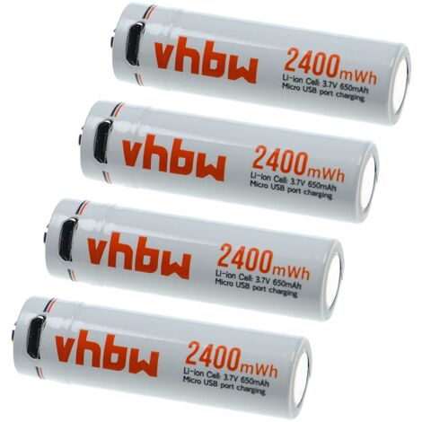 vhbw 4x Batería AA Mignon - Con conector USB Micro, 650 mAh, 3,7 V, Li-Ion