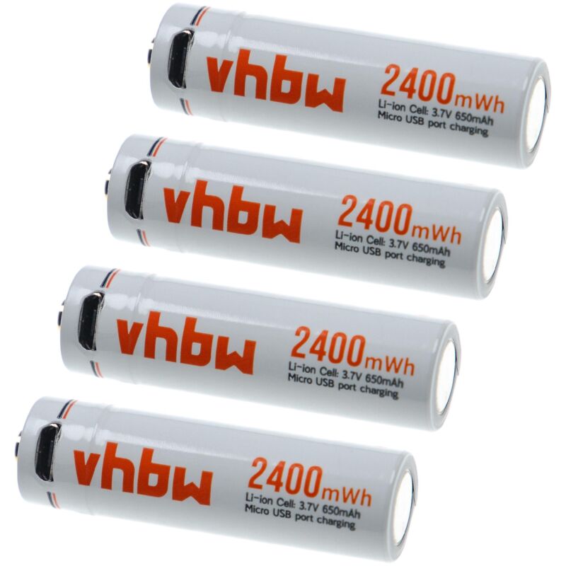 4x Piles rechargeables aa Mignon avec prise micro-USB (650mAh, 3,7V, Li-ion) - Vhbw