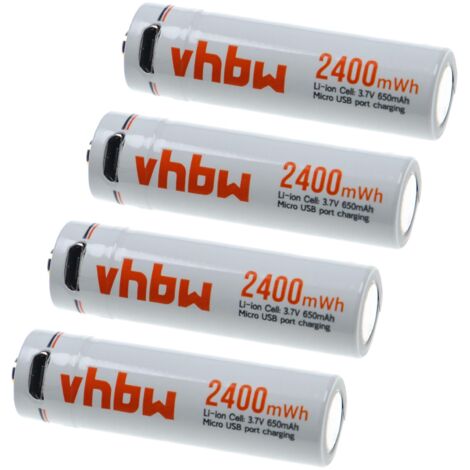 vhbw 4x Piles rechargeables AA Mignon avec prise micro-USB (650mAh, 3,7V, Li-ion)