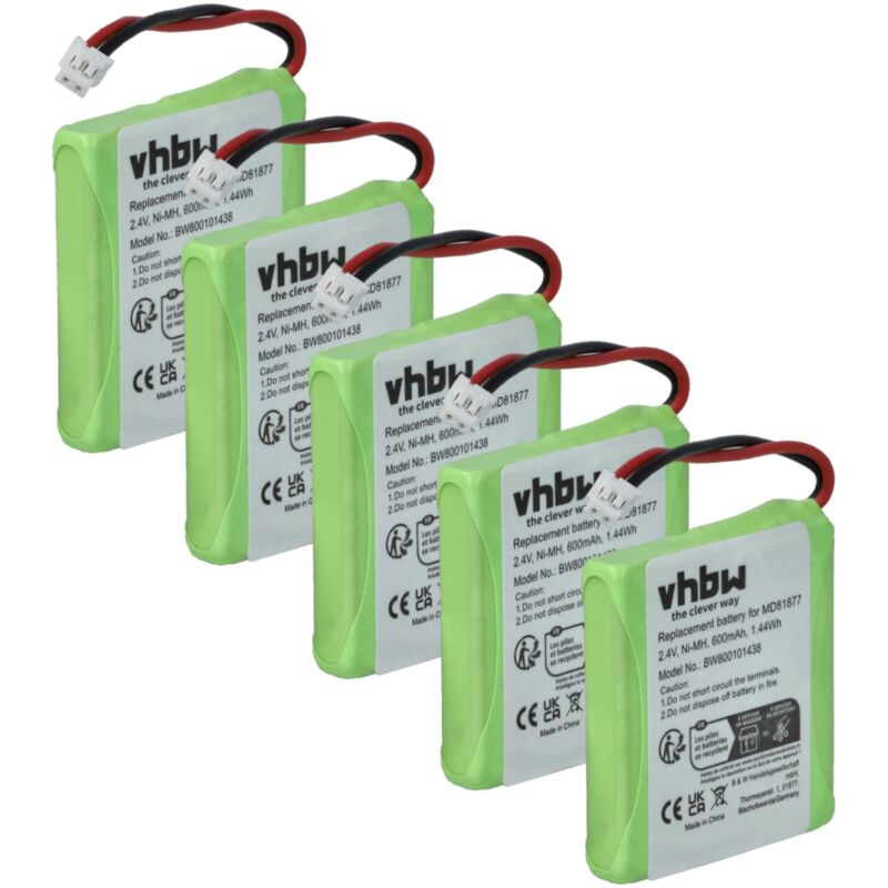 Vhbw - 5x Akku kompatibel mit DeTeWe Style 250 schnurlos Festnetz Telefon (600 mAh, 2,4 v, NiMH)