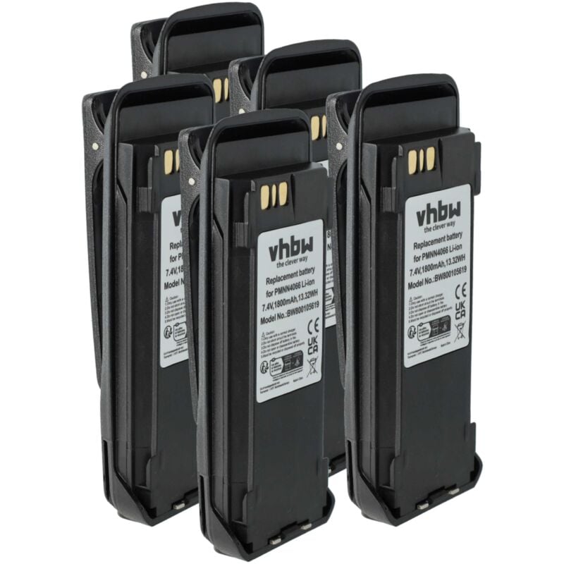 vhbw 5x Batterie compatible avec Motorola MOTOTRBO DP3600, DR3000, DP3601 radio talkie-walkie (1800mAh, 7,4V, Li-ion) - avec clip de ceinture