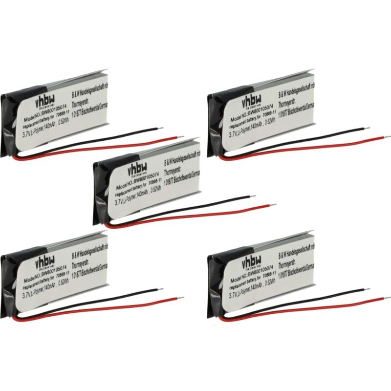 vhbw 5x Batterie compatible avec Sony-Ericsson HBH-608 casque audio, écouteurs sans fil (140mAh, 3,7V, Li-polymère)