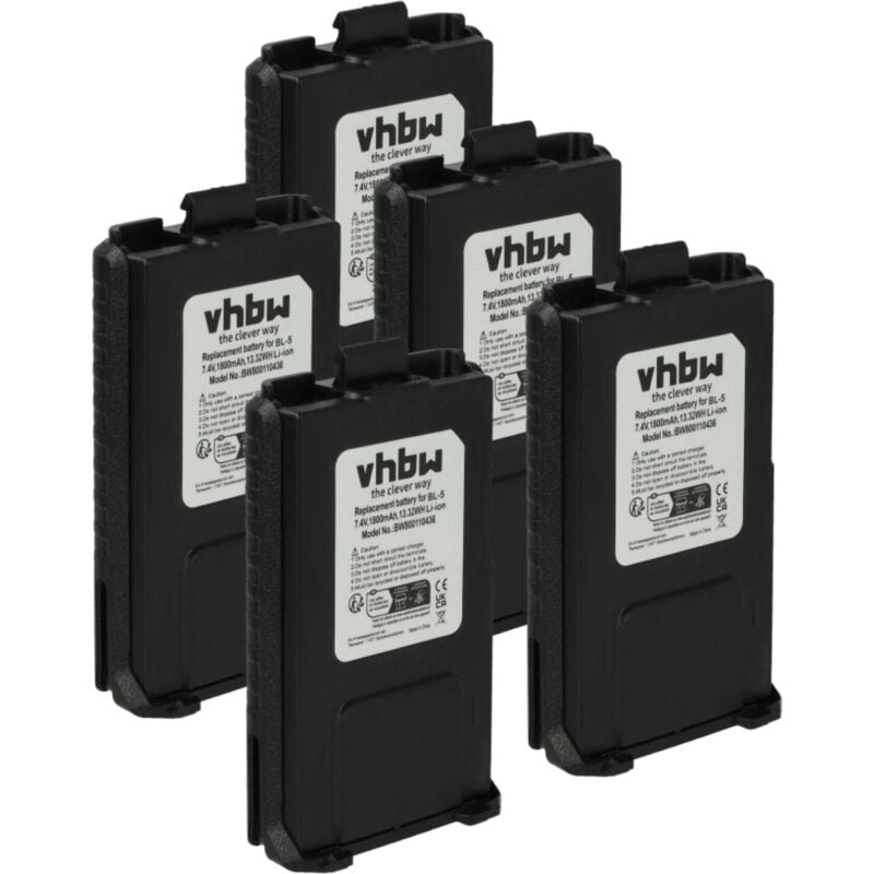 Vhbw - 5x Battery compatible with Baofeng UV-5R, BF-F8, UV-5RA, UV-5RE, BF-F9 Radio, Walkie-Talkie (1800 mAh, 7.4 v, Li-Ion)