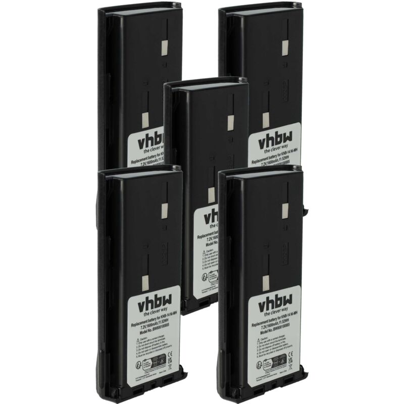 Vhbw - 5x Battery compatible with Bidatong bd-pmr, BD-3107, BD-2107 Radio, Walkie-Talkie (1600 mAh, 7.2 v, NiMH)