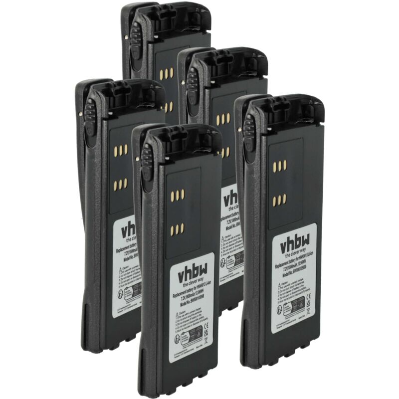 5x Battery compatible with Motorola GP280, GP240, ATS2500, GP1280, GP140 Radio, Walkie-Talkie (1800 mAh, 7,2 v, Li-Ion) + Belt Clip - Vhbw