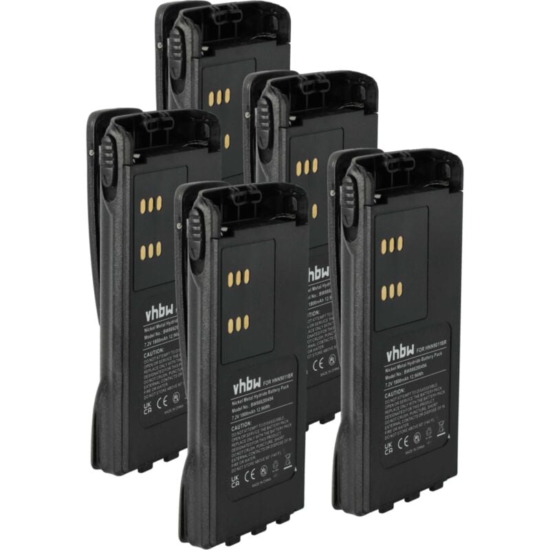 5x Battery compatible with Motorola HT1200, HT1250.LS, HT1225, HT1250, GP680 Radio, Walkie-Talkie (1800 mAh, 7.2 v, NiMH) + Belt Clip - Vhbw