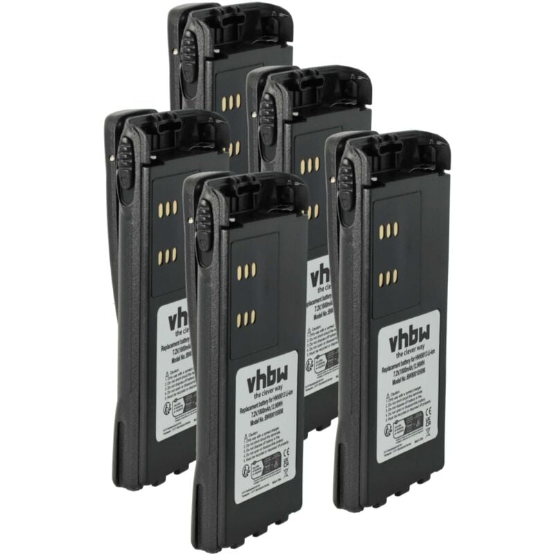 5x Battery compatible with Motorola HT1250.LS, HT1250, HT1250.LS+ Radio, Walkie-Talkie (1800 mAh, 7,2 v, Li-Ion) + Belt Clip - Vhbw