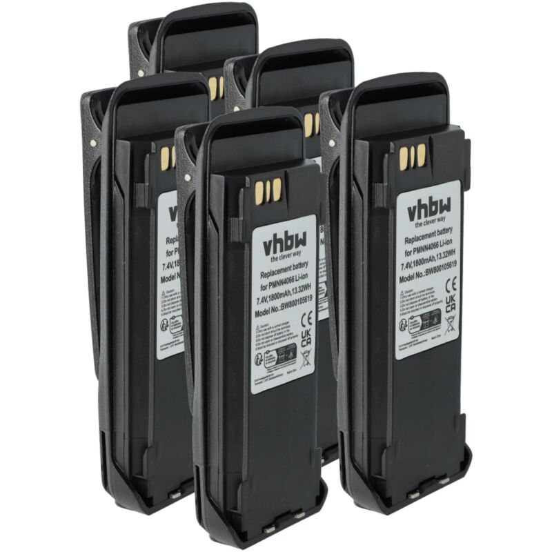 5x Battery compatible with Motorola mototrbo DGP6150, DGP4150+, DGP4150 Radio, Walkie-Talkie (1800 mAh, 7.4 v, Li-Ion) + Belt Clip - Vhbw