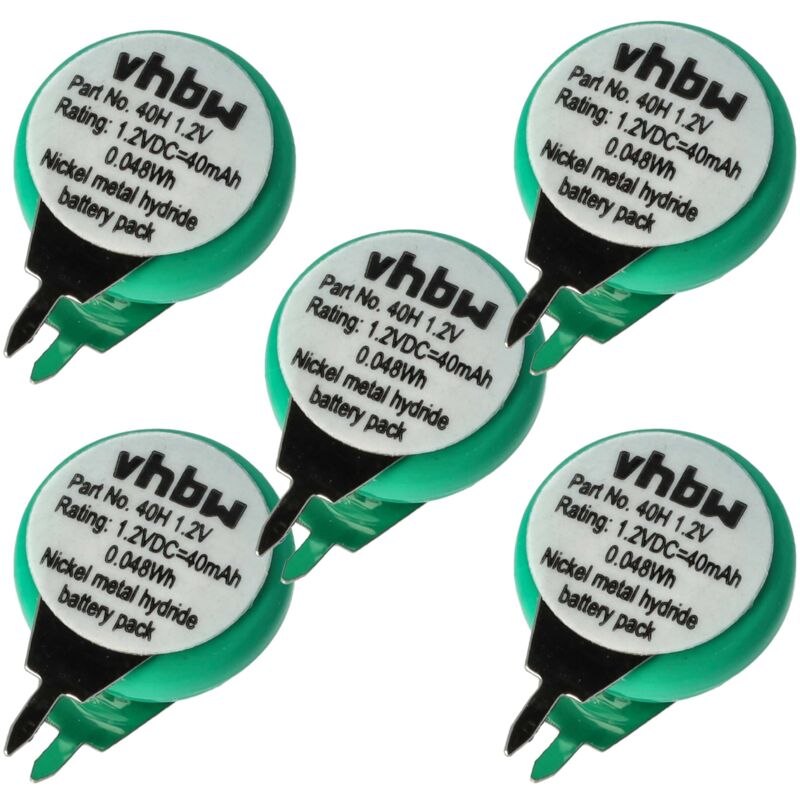 

5x NiMH Batería de botón de repuesto Tipo 1/V40H 2 pines 40 mAh 1,2 V compatible para lámparas solares, etc. - Vhbw