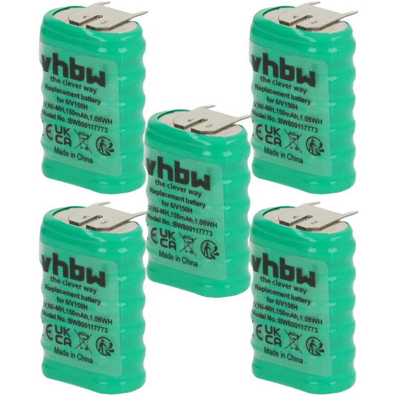 

5x NiMH Batería de botón de repuesto Tipo 6/V150H 3 pines 150 mAh 7,2 V compatible para lámparas solares, etc. - Vhbw