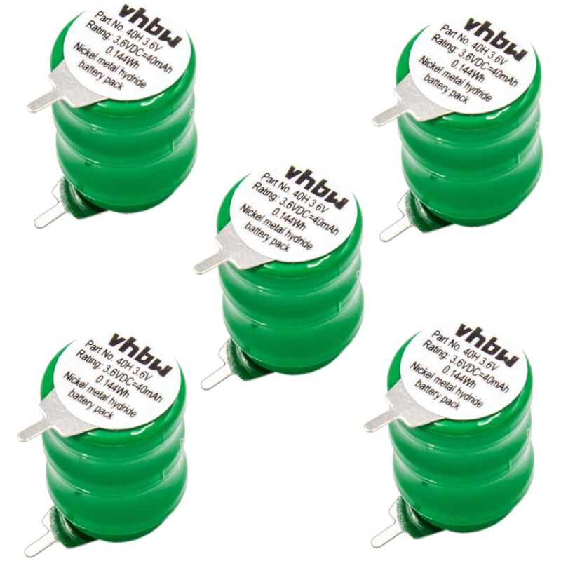 

5x NiMH Batería de botón de repuesto Tipo V40H 2 pines 40 mAh 3,6 V compatible para lámparas solares, etc. - Vhbw