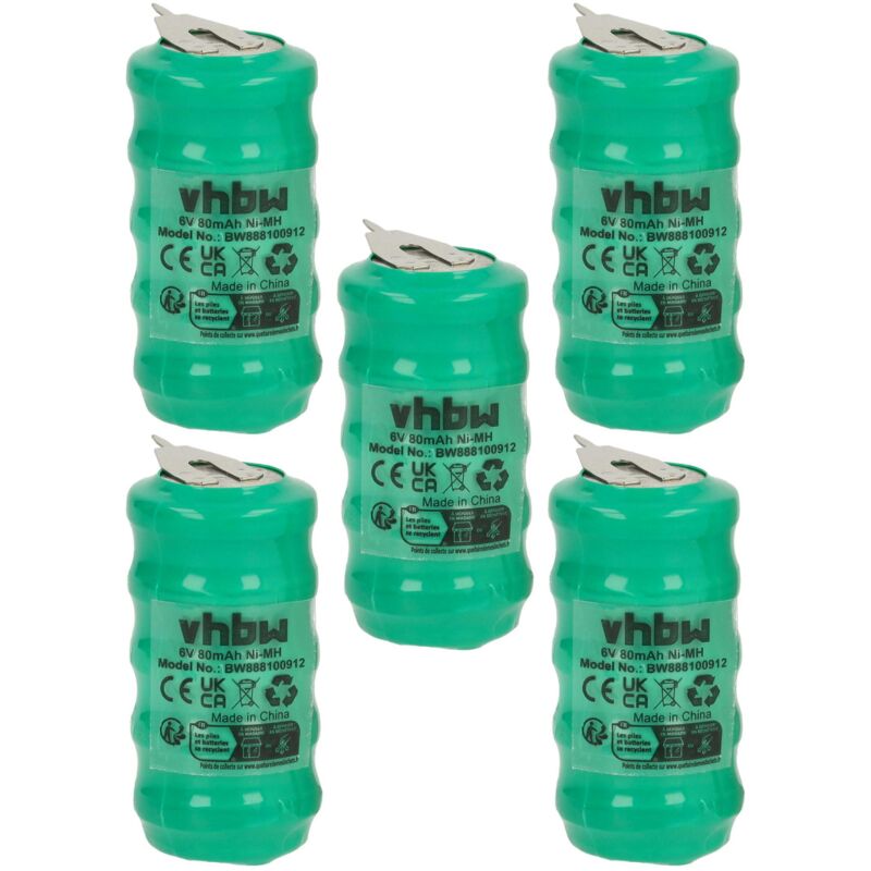 

vhbw 5x NiMH Batería de botón de repuesto Tipo V80H 2 pines 80 mAh 6 V compatible para lámparas solares, etc.