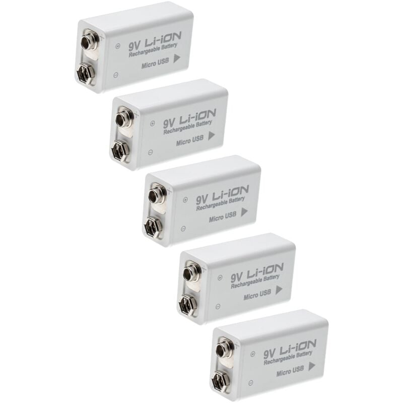 

5x batería de 9 V reemplaza 6F22, 6LR61 (650 mAh, Li-Ion) recargable, ready-to-use, con clavija USB micro - Vhbw