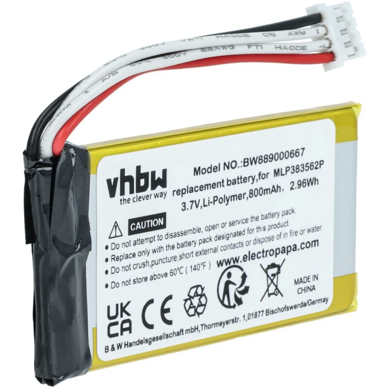 Image of Vhbw - Akku Ersatz für jbl MLP383562P für Lautsprecher Boxen Speaker (800 mAh, 3,8 v, Li-Polymer)