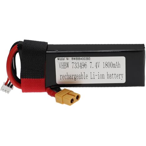 vhbw Akku kompatibel mit XT60 Stecker für Modellbau z.B. Racing Car, Helikopter, Flugzeug (1800mAh, 7,4V, Li-Polymer, 108 x 36 x 15 mm)