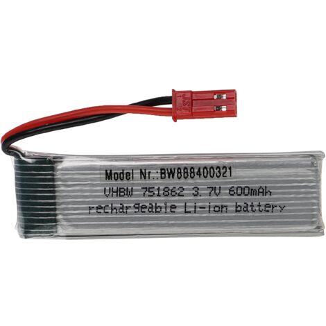 vhbw Batería recargable compatible con BEC clavija (m) para modelismo por ej. coche carreras, avión (600mAh, 3,7V, Li-poli, 65 x 17 x 8mm)