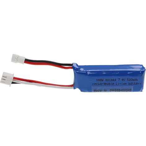 vhbw Batería recargable compatible con XH 2.54 2P clavija (m) para modelismo por ej. coche carreras, avión (520mAh, 7,4V, Li-poli, 53 x 18 x 17mm)
