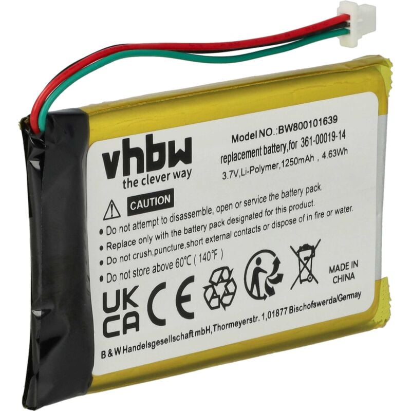 

batería reemplaza Garmin 361-00019-14 para navegador (1250mAh, 3,7V, polímero de litio) - Vhbw