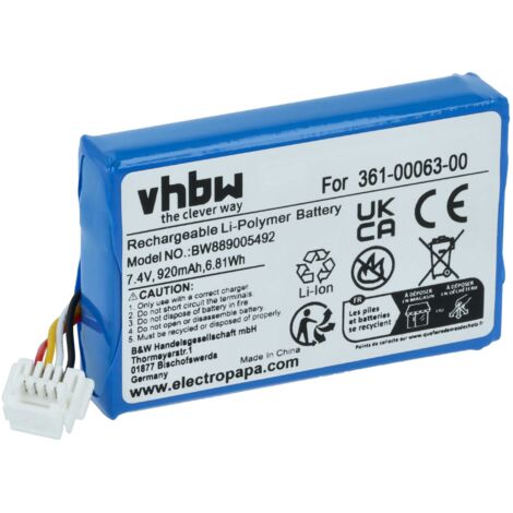 vhbw batteria sostituisce Garmin 361-00063-00 per navigatore GPS (920mAh, 7,4V, Li-Poly)