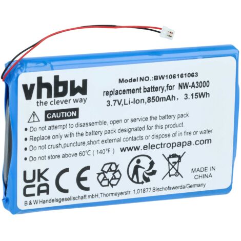 vhbw batteria sostituisce Sony LIS1356HNPA, 1-756-608-21, 5Y30A1697 per MP3 music player lettore musicale (850mAh, 3,7V, Li-Ion)