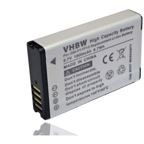 vhbw Batterie 1800mAh (3.7V) pour GPS GARMIN E1GR, E1GR VIRB ELITE, E2GR, E2GR VIRB ELITE, Action HD Camera 1.4 remplace 010-11599-00, 010-11654-03.