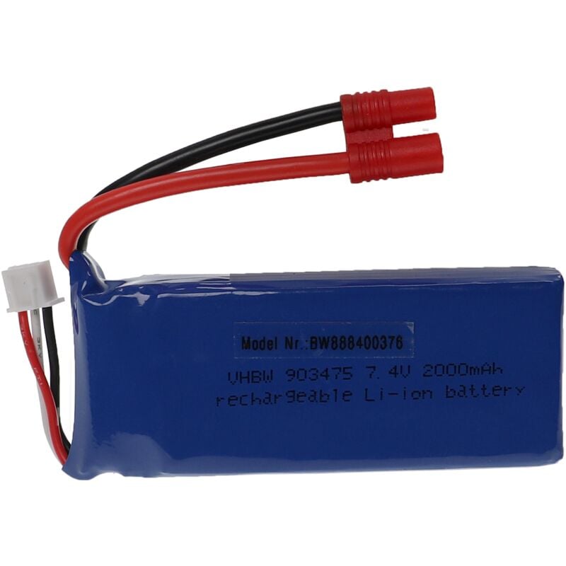 Batterie compatible avec connecteur banane 3,5 mm pour modéle rc par ex. voiture de course, avion (2000mAh, 7,4V, Li-polymère, 84 x 35 x 29 mm) - Vhbw