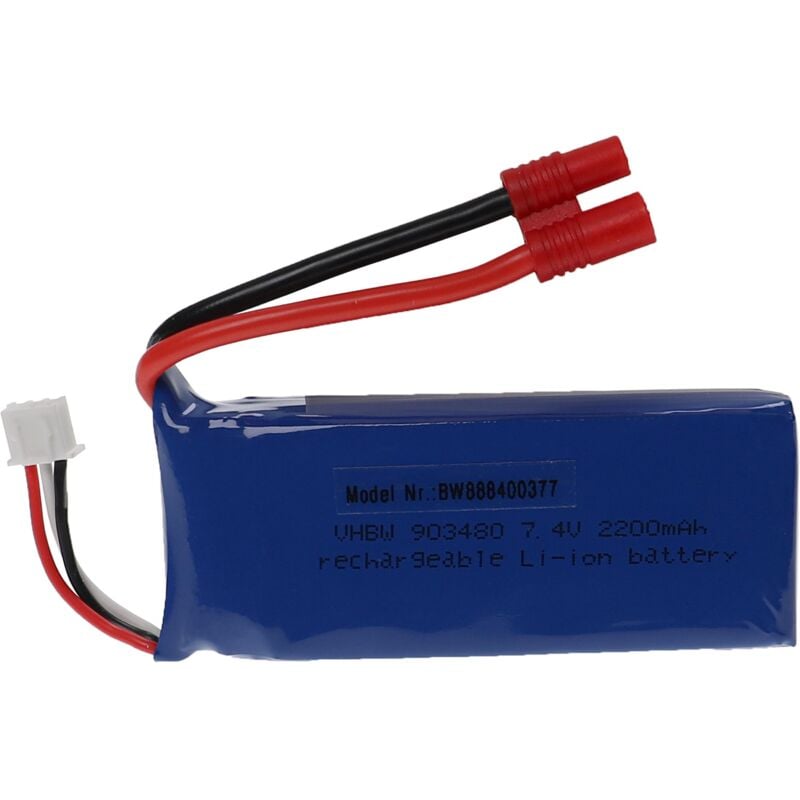 vhbw Batterie compatible avec connecteur banane 3,5 mm pour modéle RC par ex. voiture de course, avion (2200mAh, 7,4V, Li-polymère, 84 x 35 x 19 mm)